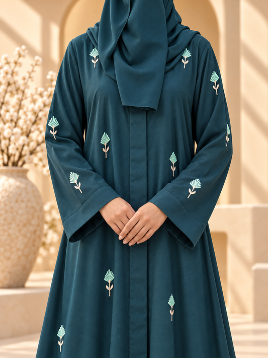 Gul-e-Naz Floral Sprig Embroidered Abaya — embroidery detail in sunlit courtyard