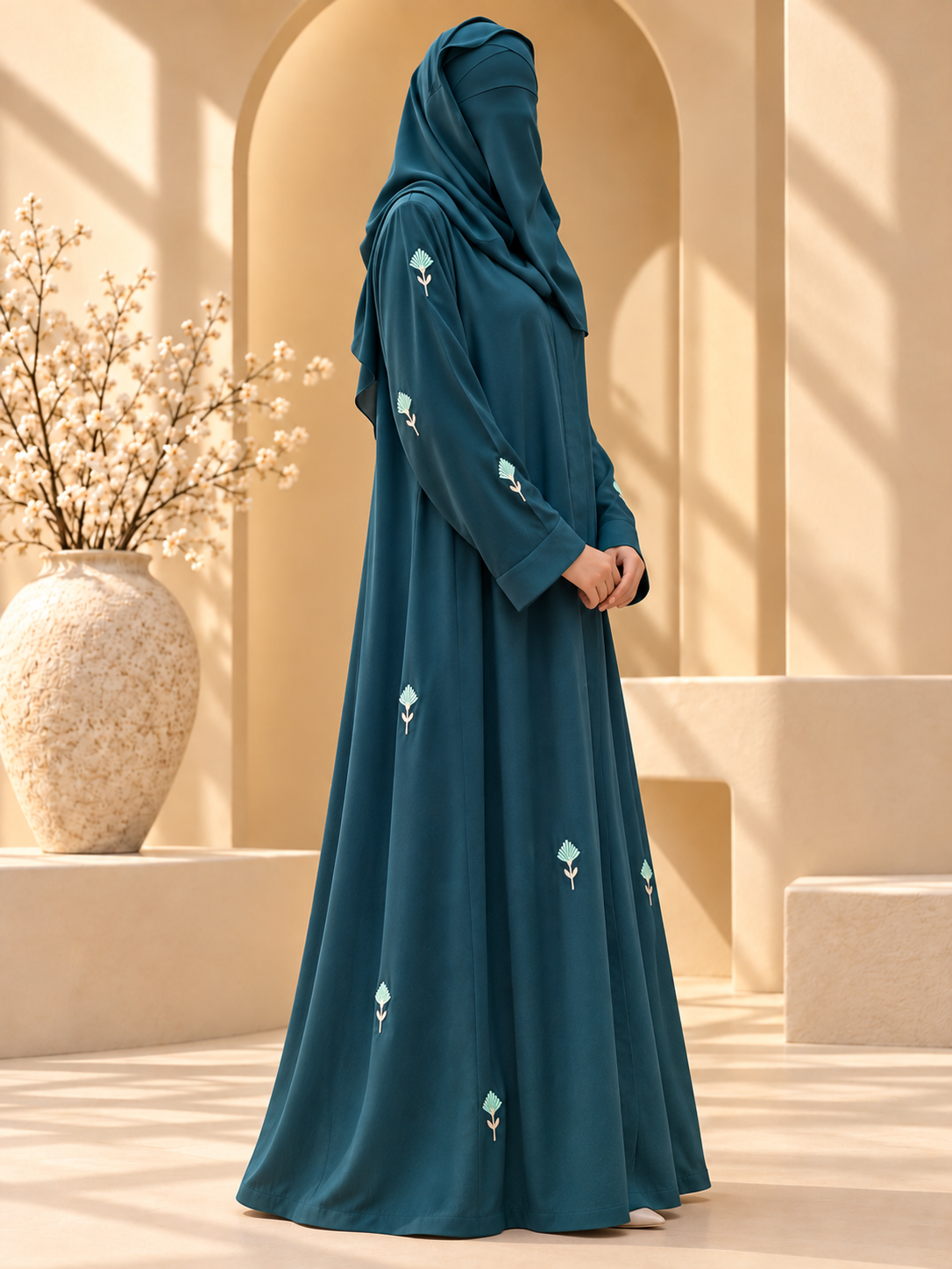 Gul-e-Naz Floral Sprig Embroidered Abaya — side view in sunlit courtyard