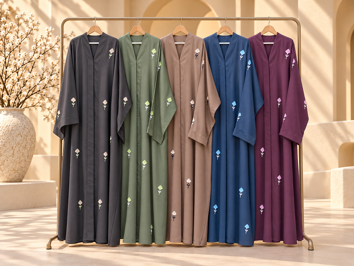 Gul-e-Naz Floral Sprig Embroidered Abaya — colour range in sunlit courtyard