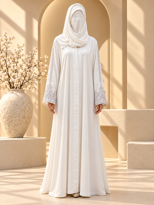 Mehr Embroidered Cuff Abaya — front in sunlit courtyard