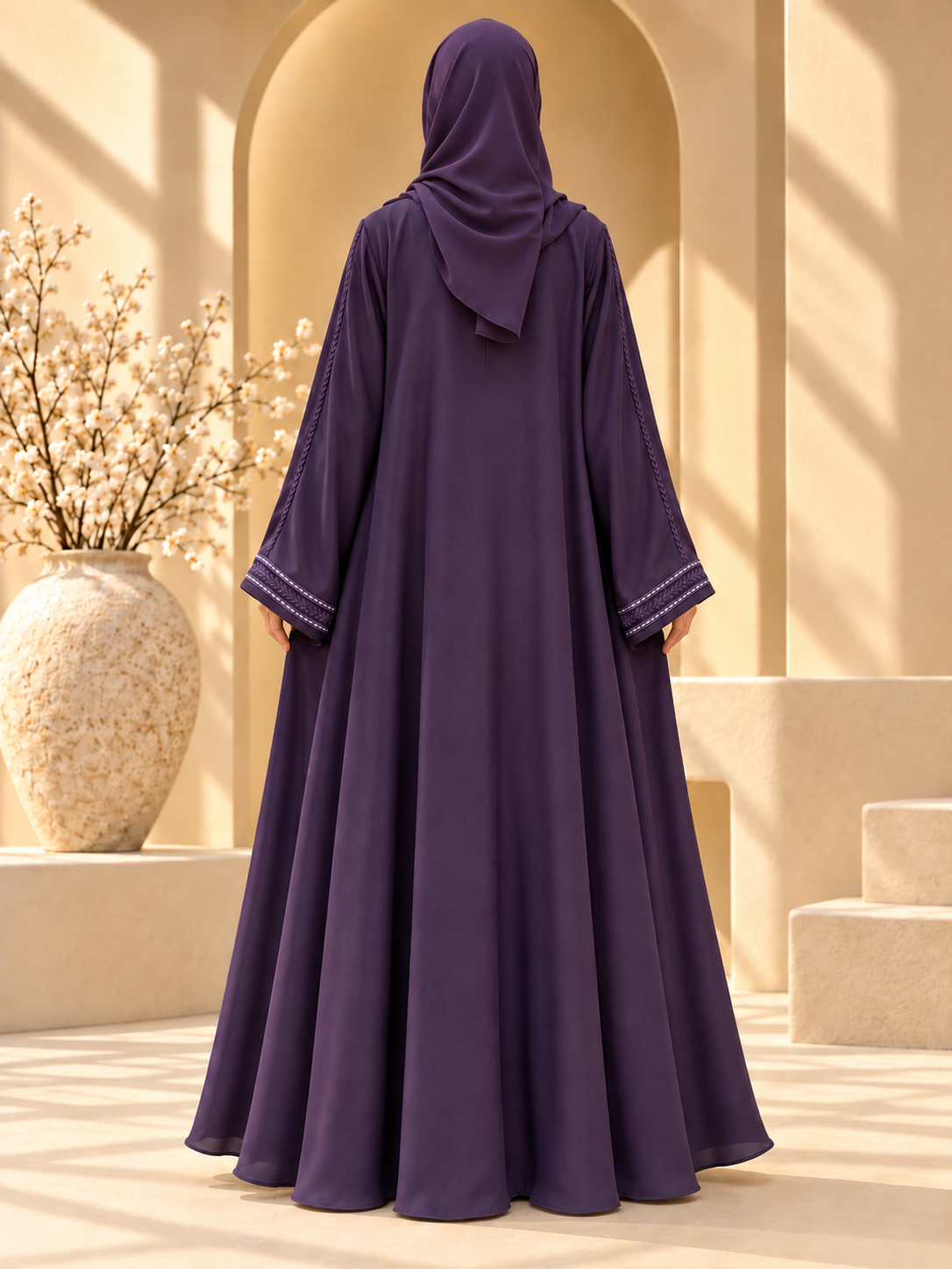 Laleh Vine Border Embroidered Abaya — back view in sunlit courtyard