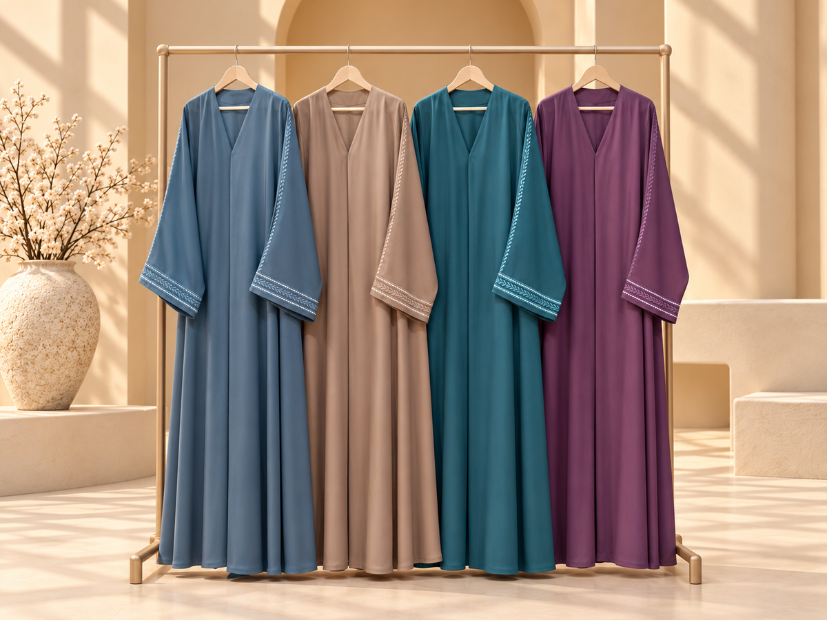 Laleh Vine Border Embroidered Abaya — colour range in sunlit courtyard