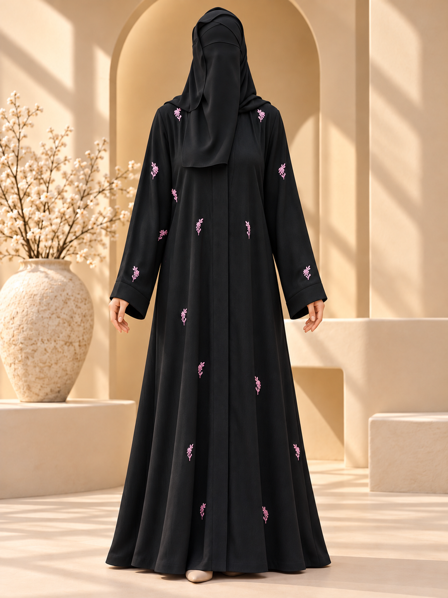 Gulabi Sprig Embroidered Abaya — front in sunlit courtyard