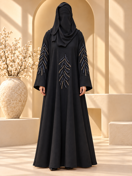 Zar-e-Barg Beadwork Abaya — front in sunlit courtyard