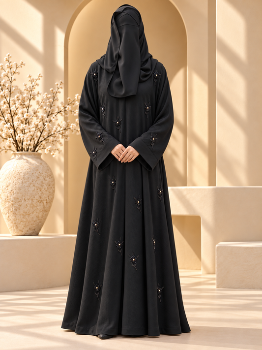 Sitara Bloom Beadwork Abaya — front in sunlit courtyard