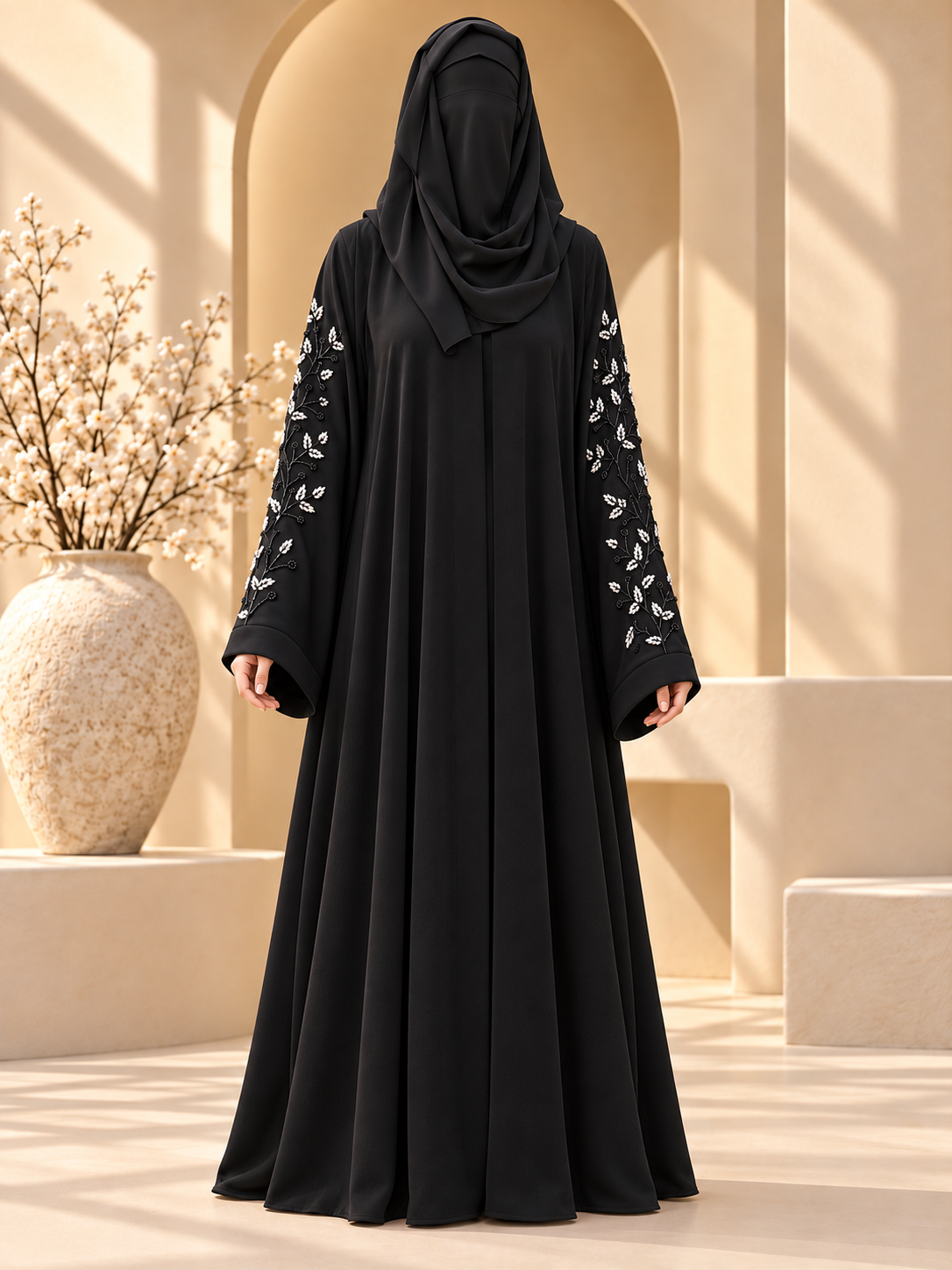 Noor-e-Bel Beadwork Sleeve Abaya — front in sunlit courtyard
