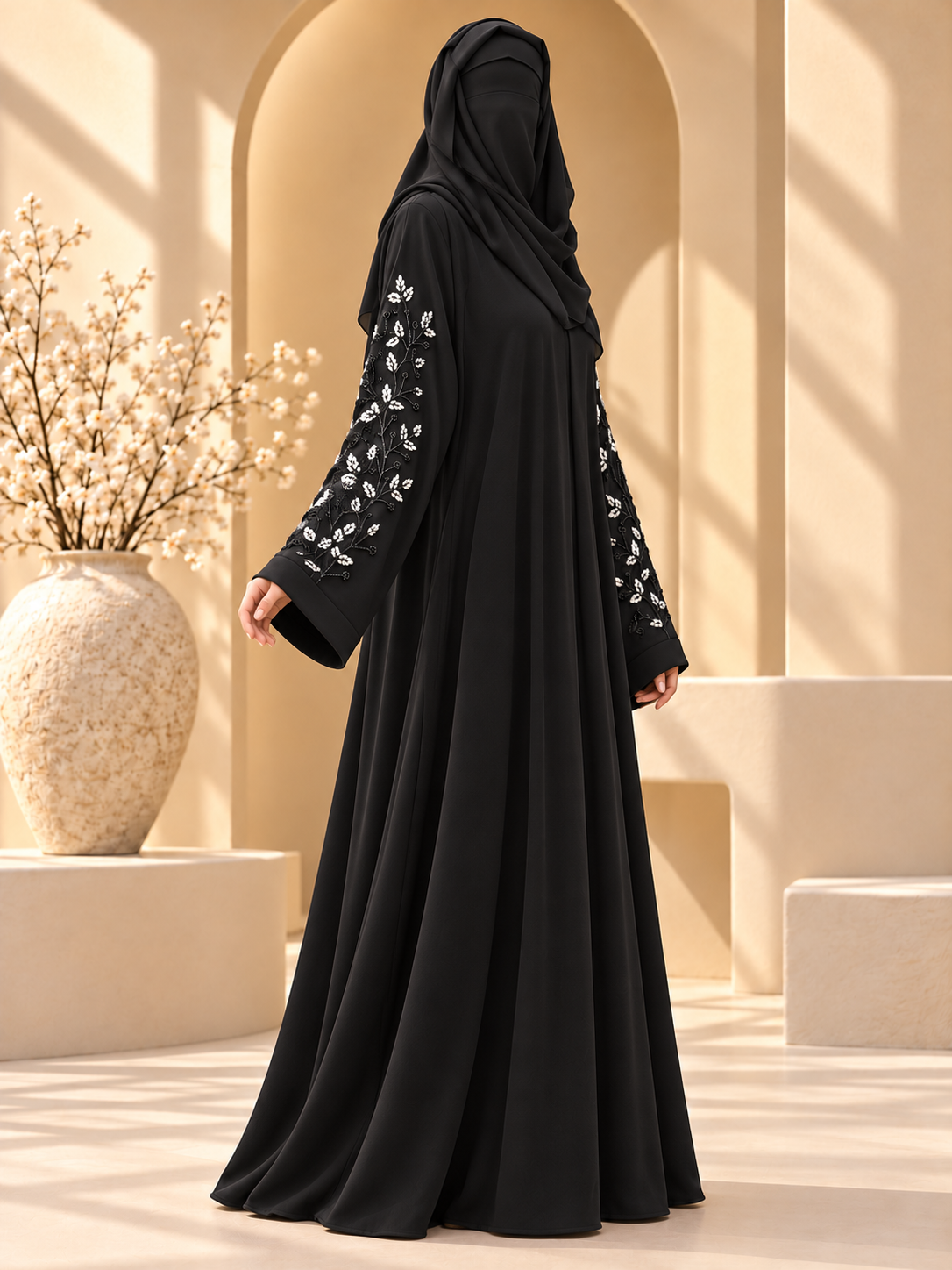 Noor-e-Bel Beadwork Sleeve Abaya — side view in sunlit courtyard