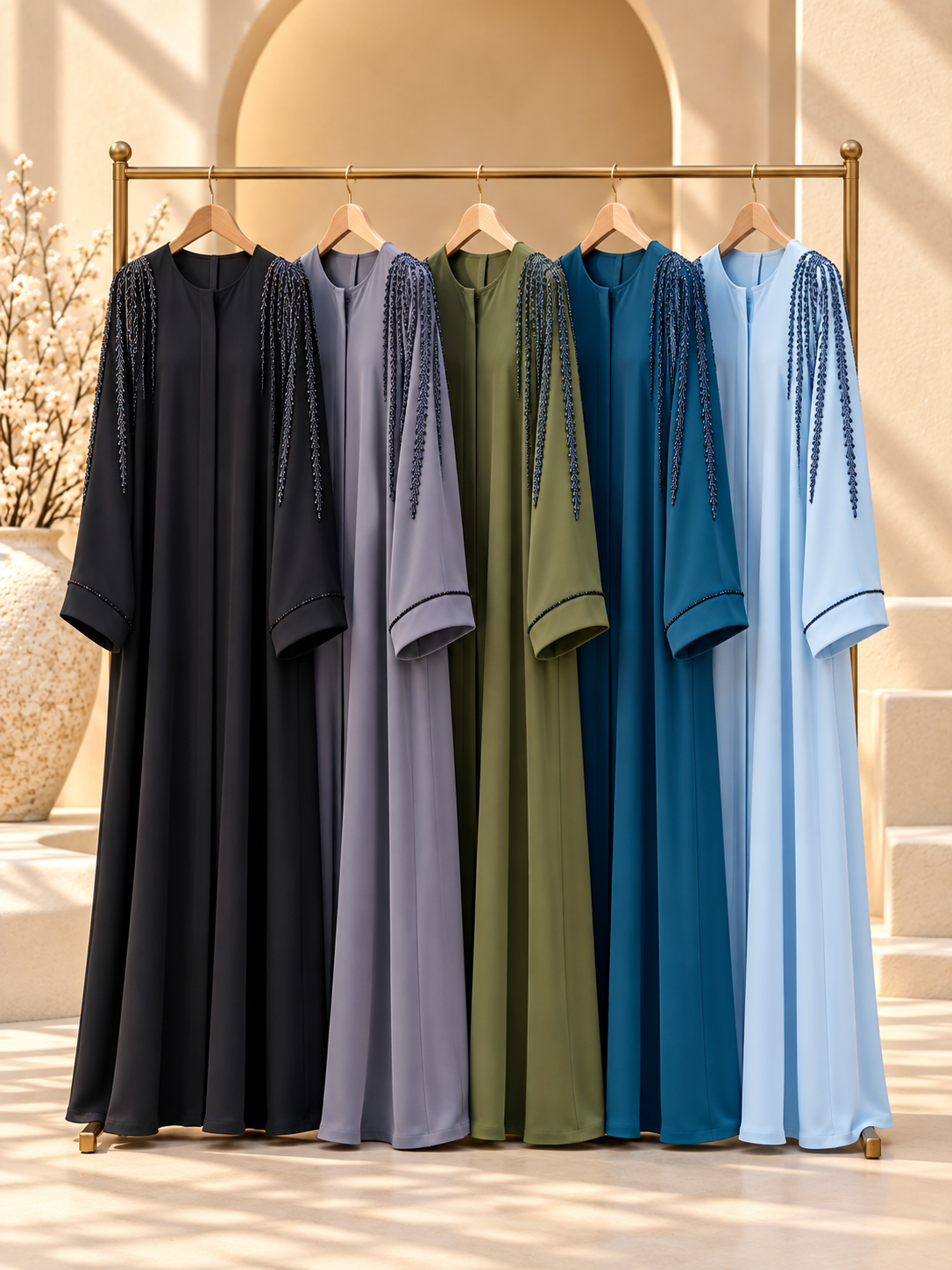 Aabshar shoulder beadwork abaya five-colour range