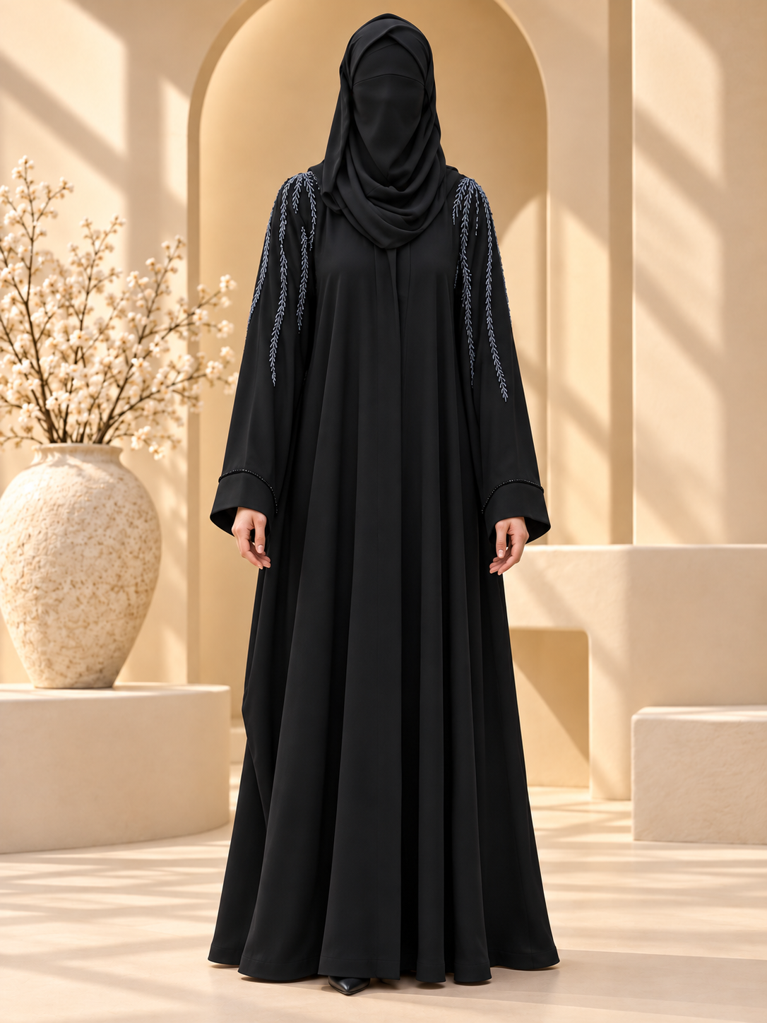 Aabshar Beadwork Shoulder Abaya — front in sunlit courtyard