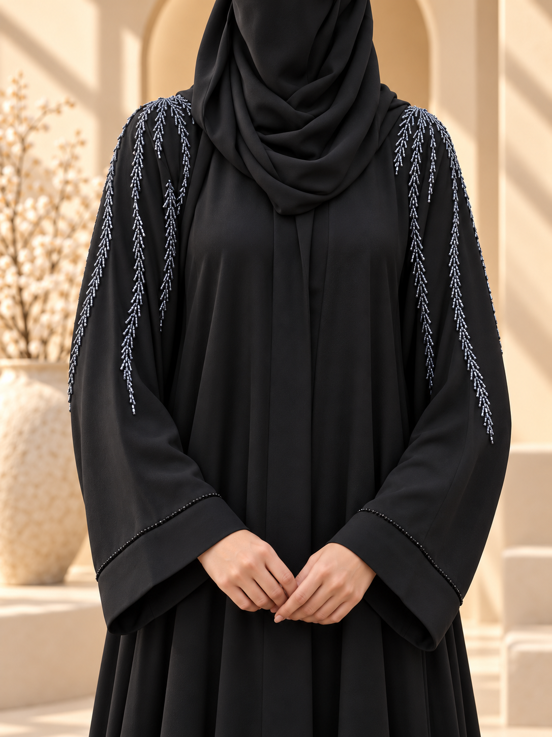 Aabshar Beadwork Shoulder Abaya — shoulder beadwork detail in sunlit courtyard
