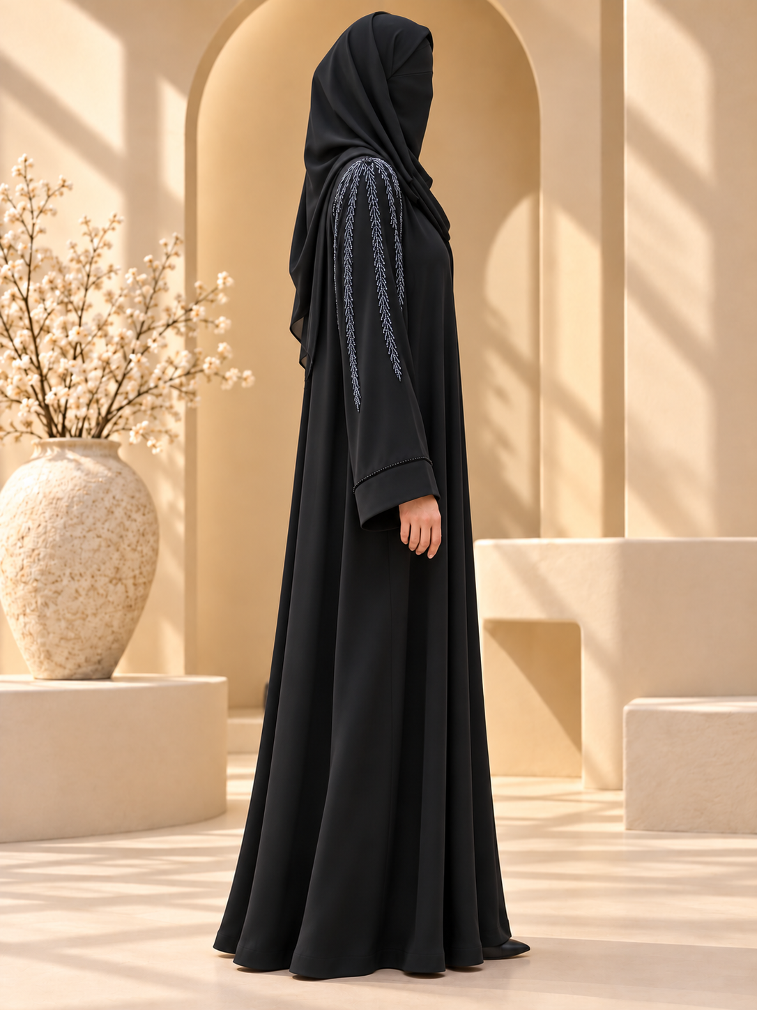 Aabshar Beadwork Shoulder Abaya — side view in sunlit courtyard