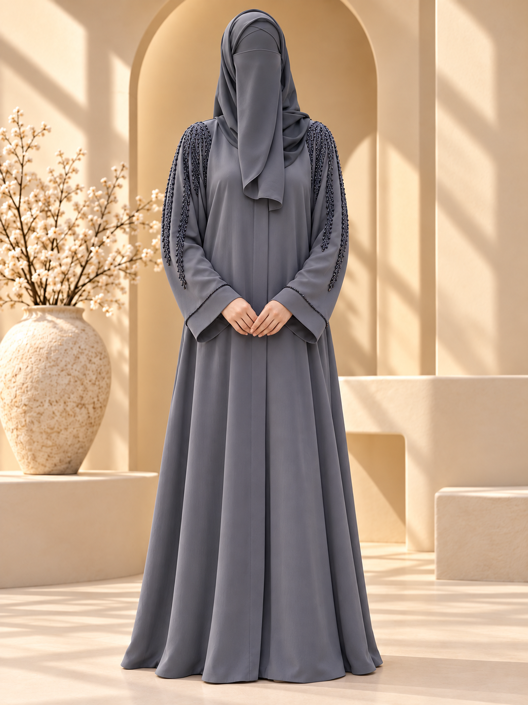 Aabshar shoulder beadwork abaya in slate grey