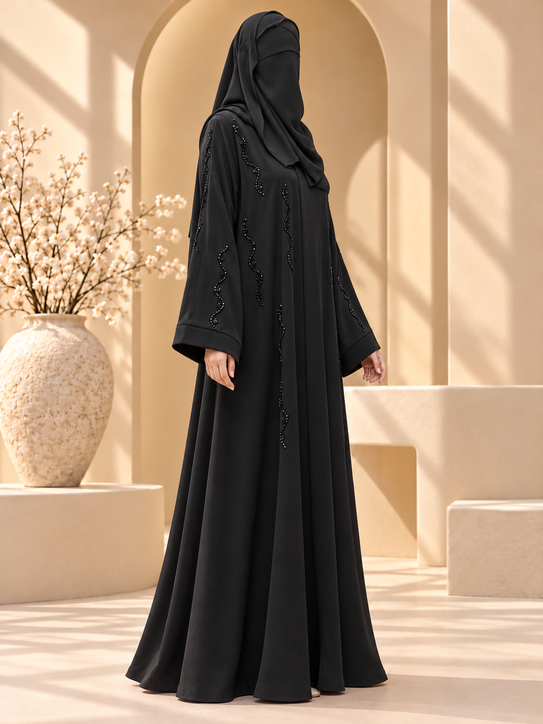 Lehar Beadwork Abaya — side view in sunlit courtyard