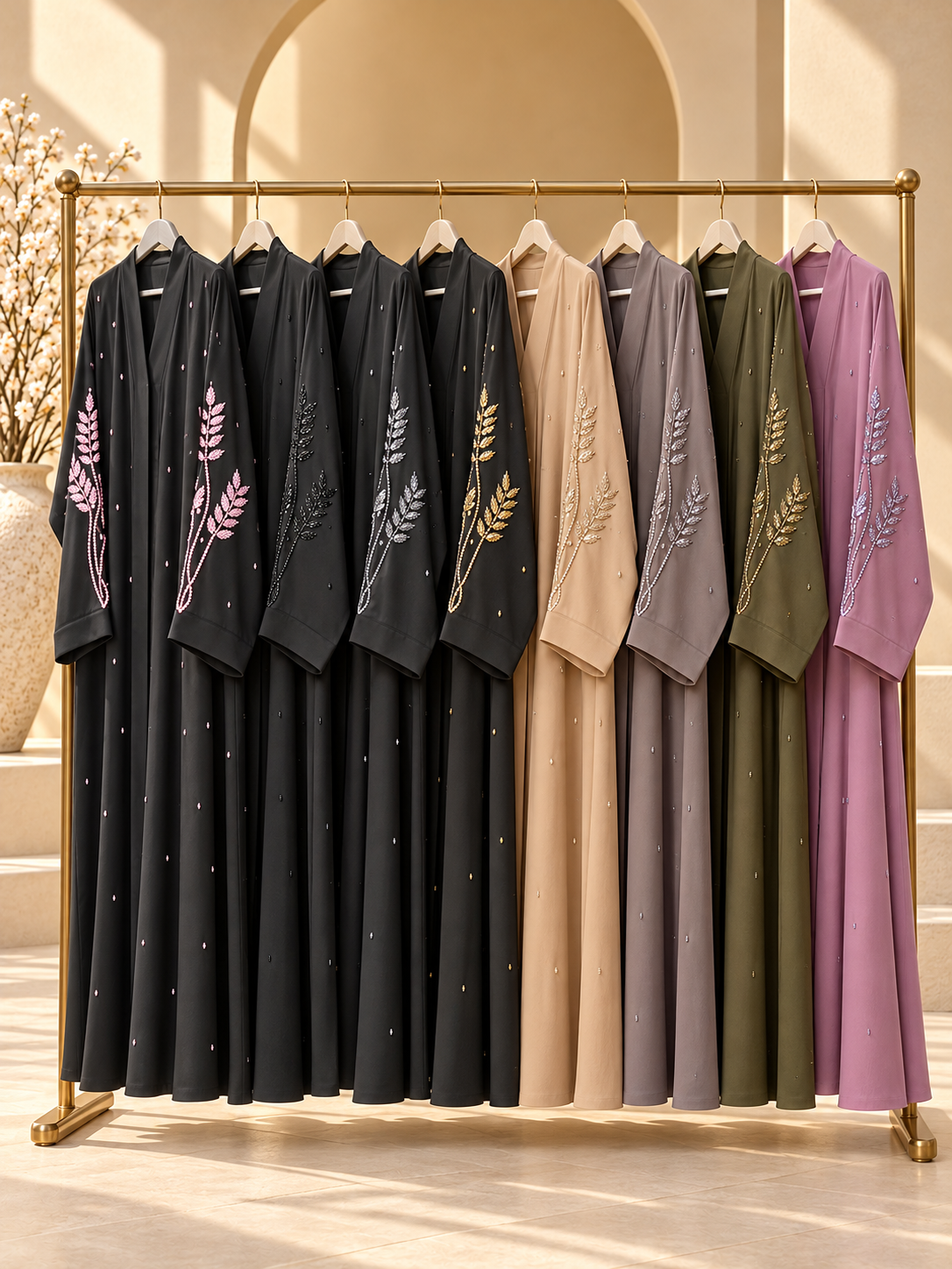 Sumbul Wheat Leaf Beadwork Abaya colour range
