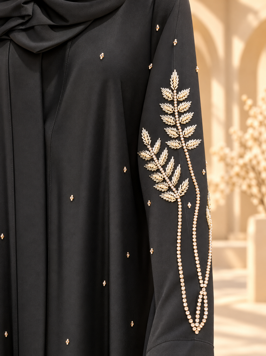 Sumbul Wheat Leaf Beadwork Abaya embellishment close-up