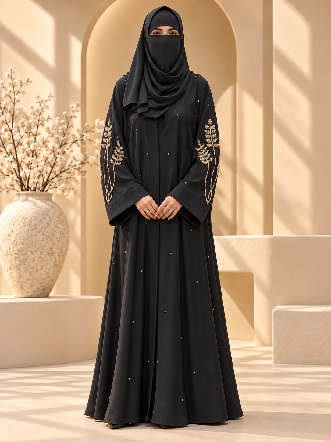 Sumbul Wheat Leaf Beadwork Abaya front view