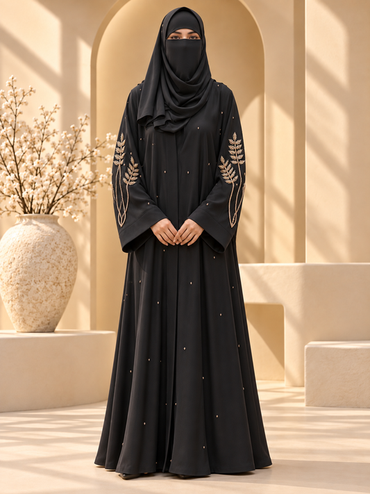 Sumbul Wheat Leaf Beadwork Abaya front view