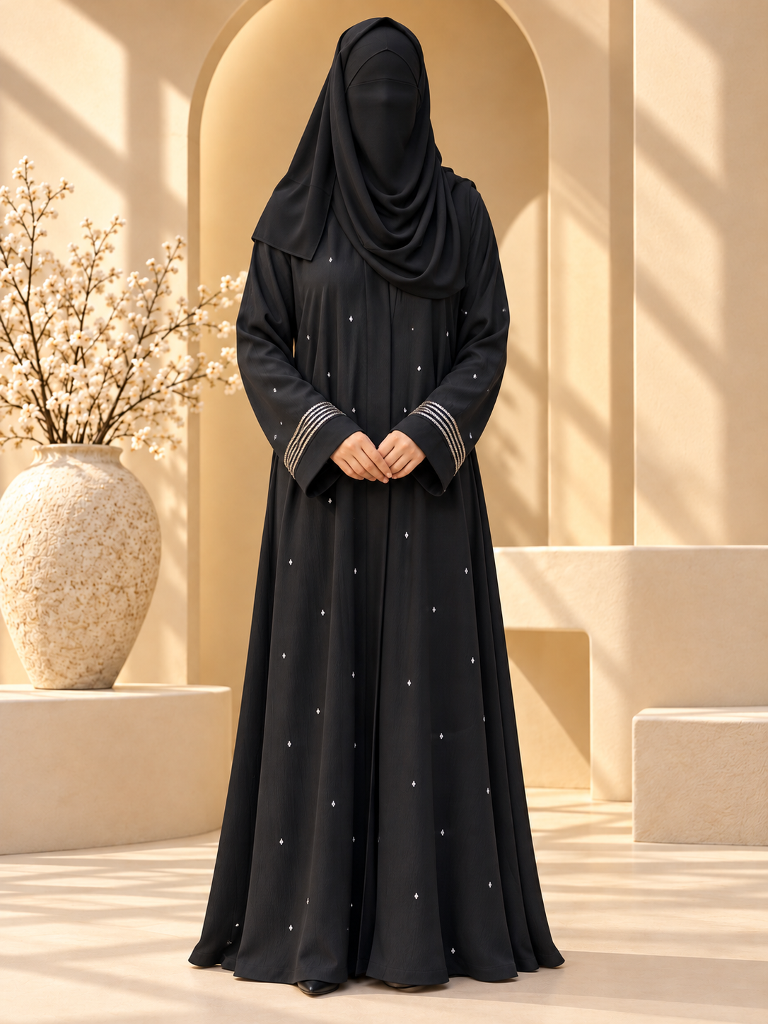 Rida Crystal Cuff Beadwork Abaya front view