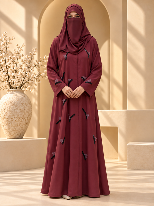 Shaakh Leaf Accent Beadwork Abaya front view