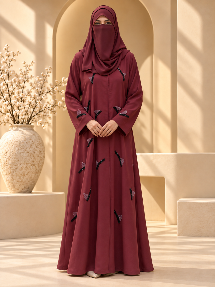 Shaakh Leaf Accent Beadwork Abaya front view
