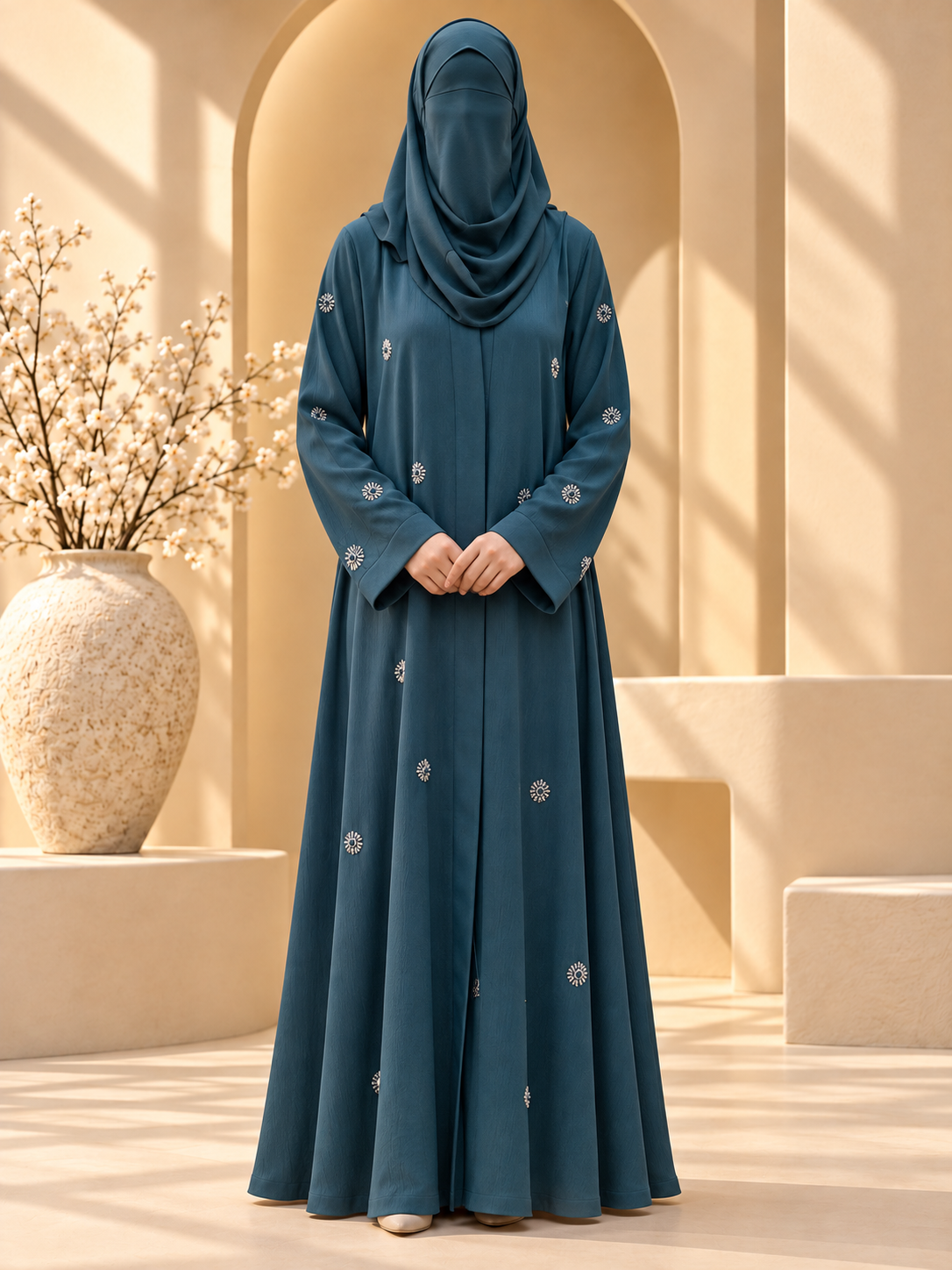 Meher Rosette Beadwork Abaya front view