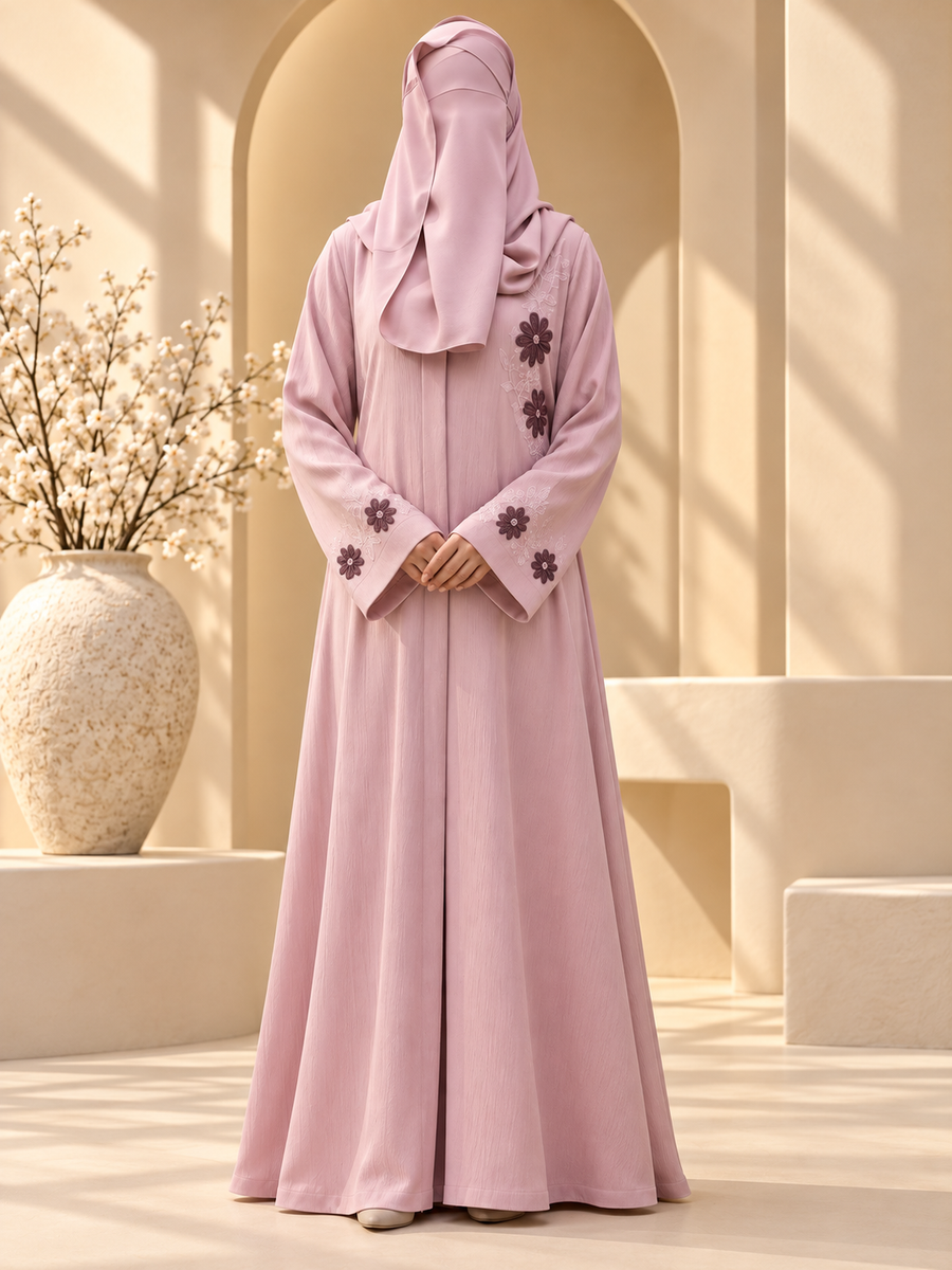 Gul-e-Sahar dusty mauve embroidered abaya — front view
